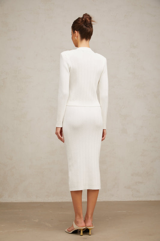 Quirine white rib-knit jacket & skirt matching set