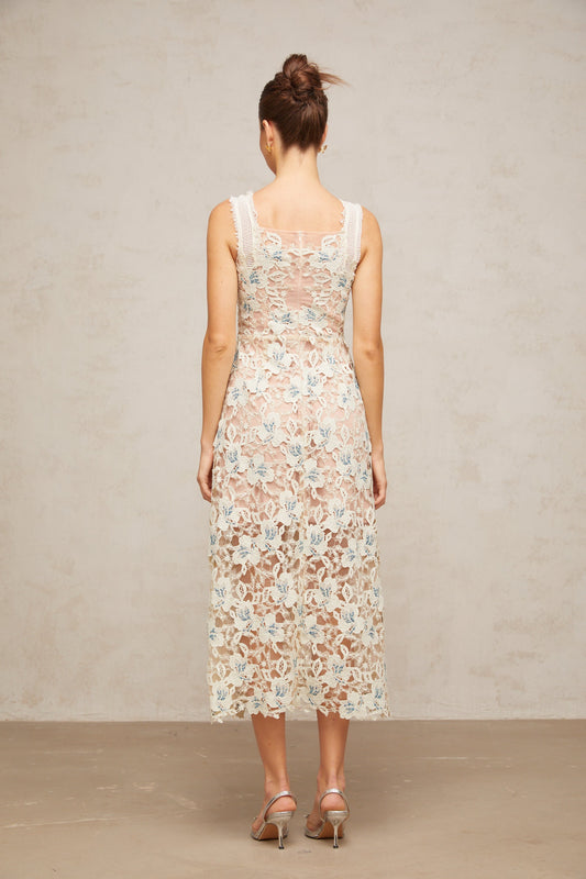 Roxane white A-line flora-lace midi dress