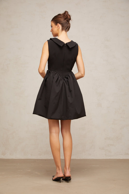 Sandrine black lapel puff mini dress