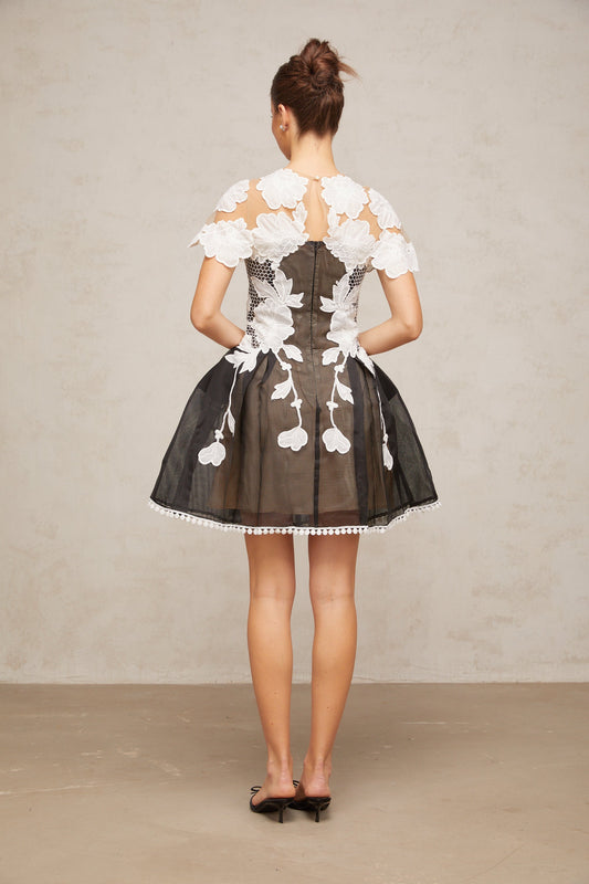 Sandrine color-blocked floral-embroidered mini dress