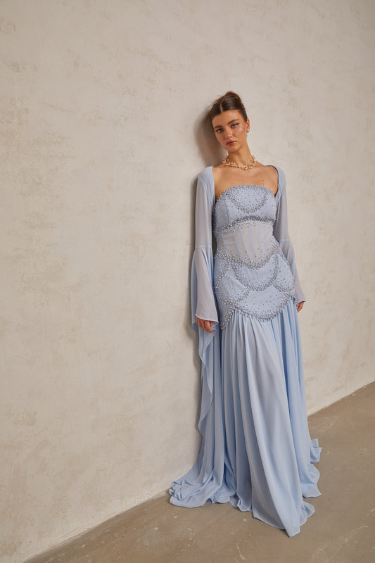 Gaëlle faux-pearl-embellished pleated maxi dress in Light-blue