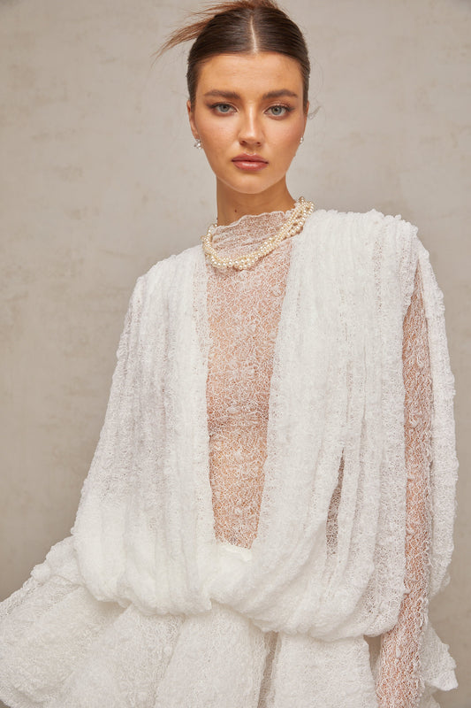 Isoline white semi-sheer lace top & shorts & dress matching set