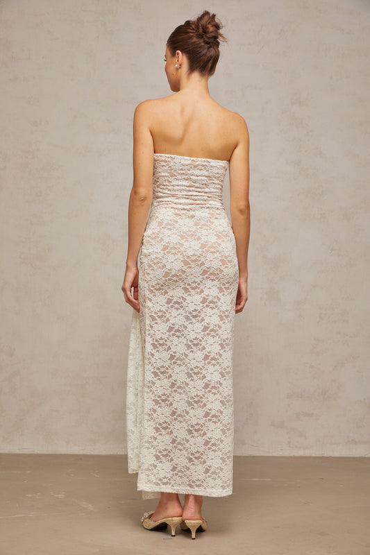 Wilhelmine white lace draped midi dress