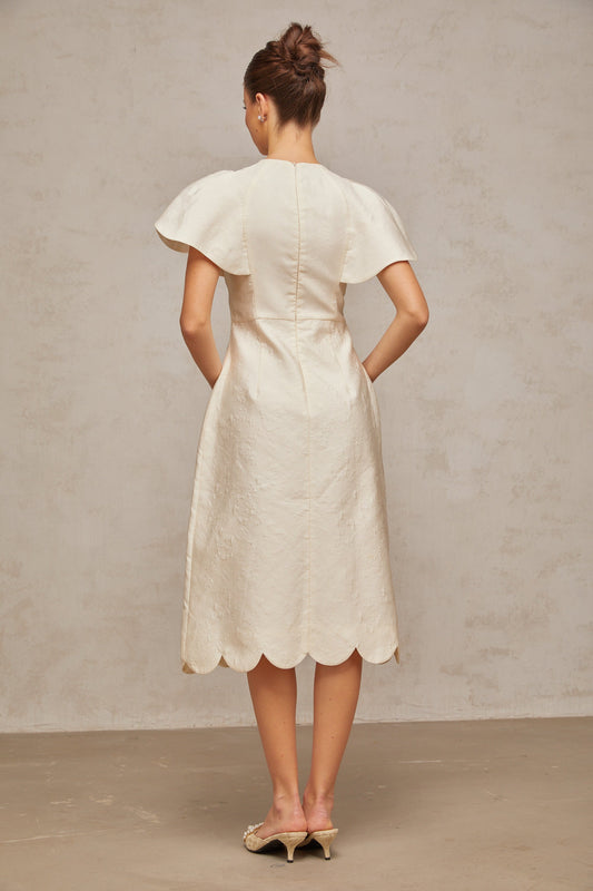 Ségolène white flower jacquard midi dress