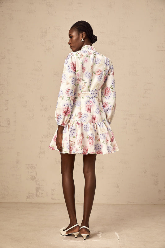 Maia tied-waist floral-print mini dress in White