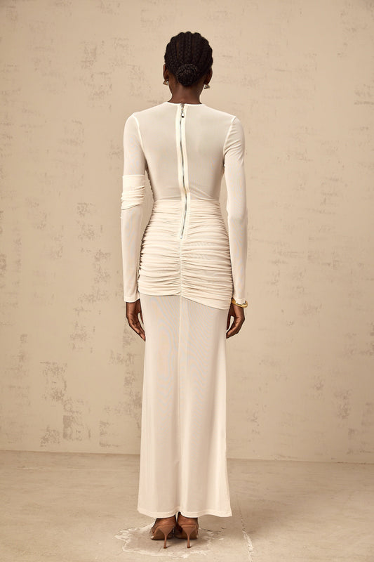 Véronique white ruched tulle maxi dress