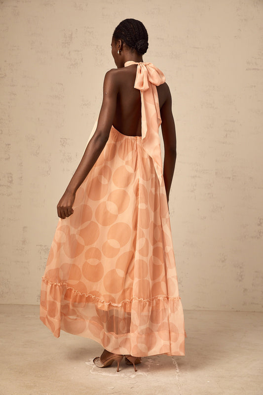 Clémence coral-pink halterneck pattern-print maxi dress