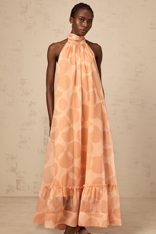 Clémence coral-pink halterneck pattern-print maxi dress