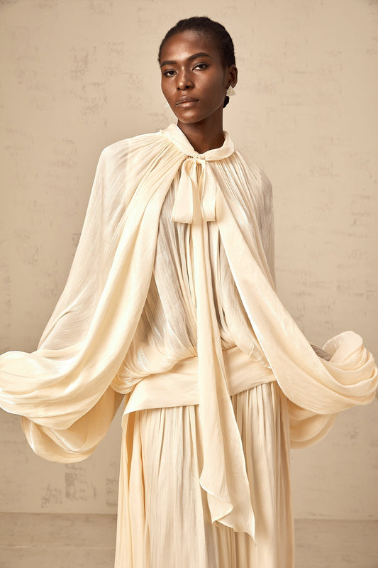 Mila pleated satin maxi dress in Neutrals