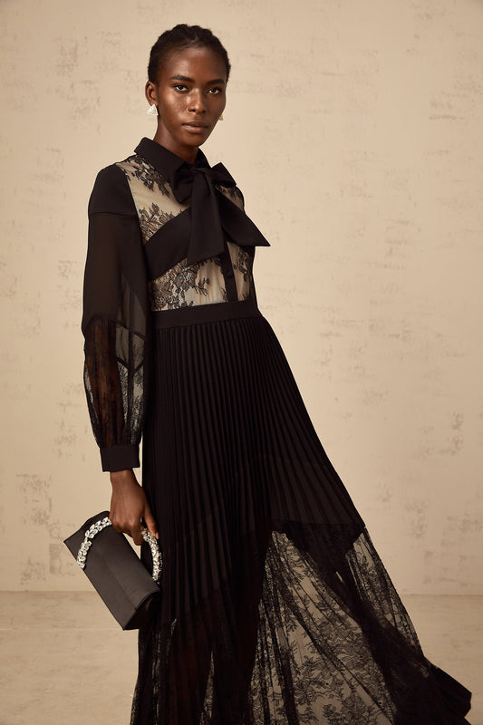 Ségolène black floral-lace-panel pleated maxi dress