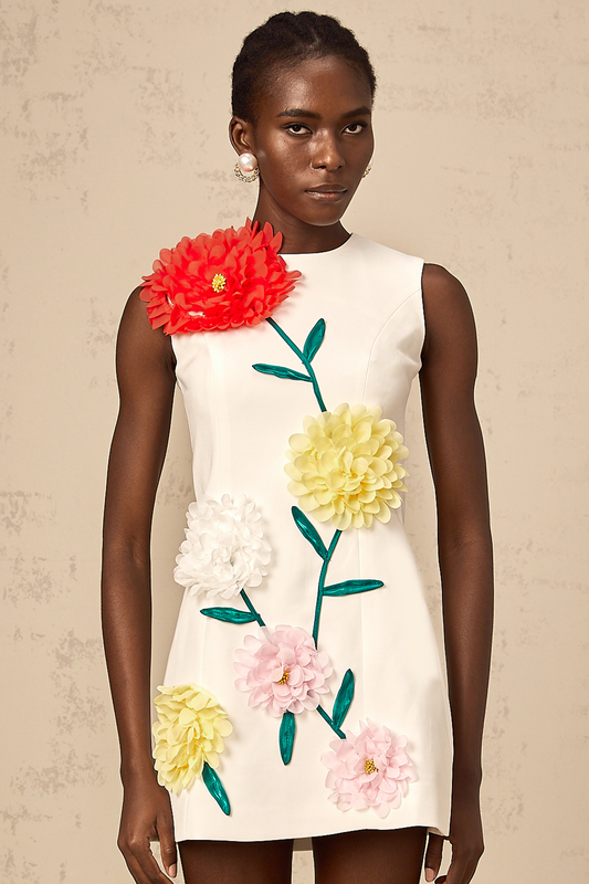 Véronique white 3d-petal sleeveless mini dress