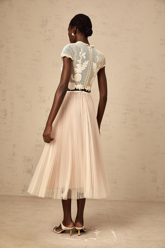 Perle neutrals floral-appliqué top & skirt matching set