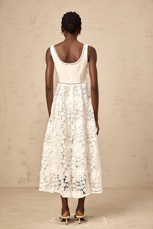 Poema white embellished lace midi dress