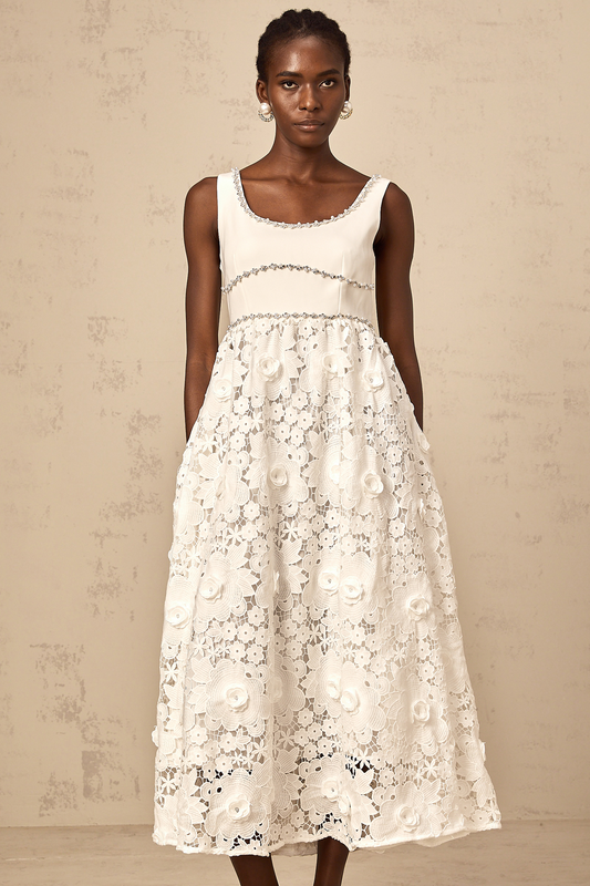 Poema white embellished lace midi dress