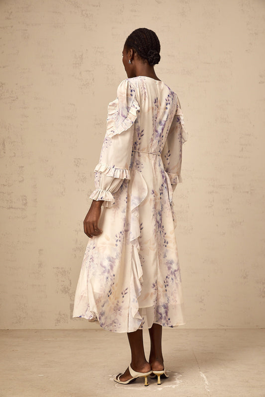 Vivien neutrals wistaria-print flared midi dress