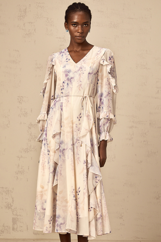 Vivien neutrals wistaria-print flared midi dress