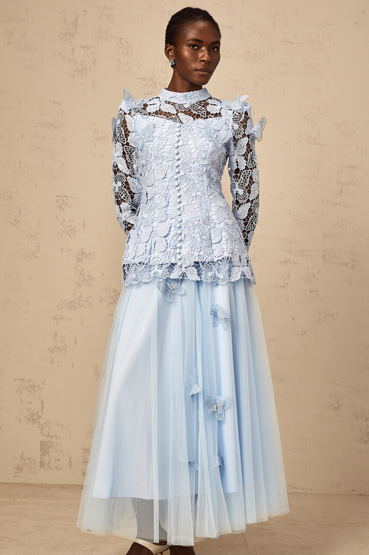 Nicolette blue sequined lace top & skirt matching set