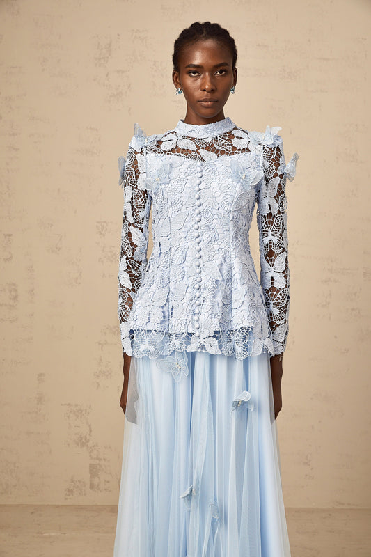 Nicolette blue sequined lace top & skirt matching set