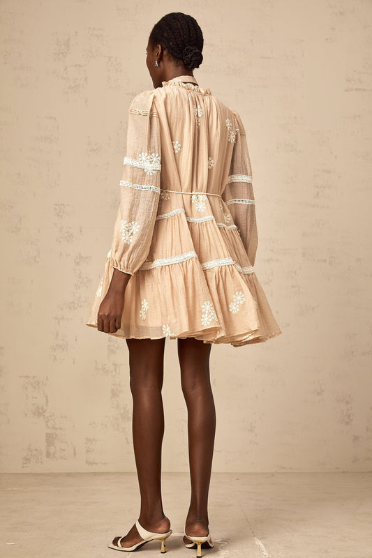 Margaux neutrals flower-embroidered tiered mini dress