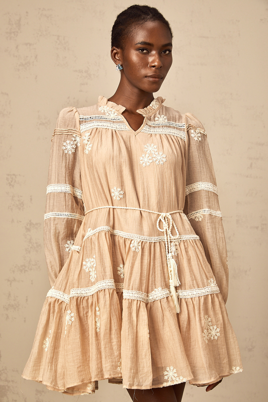 Margaux neutrals flower-embroidered tiered mini dress