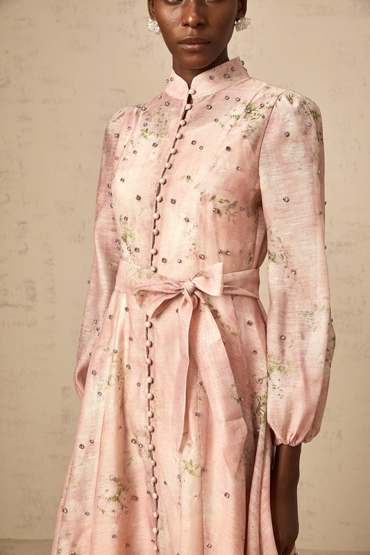 Narcisse pink embellished floral-print midi dress