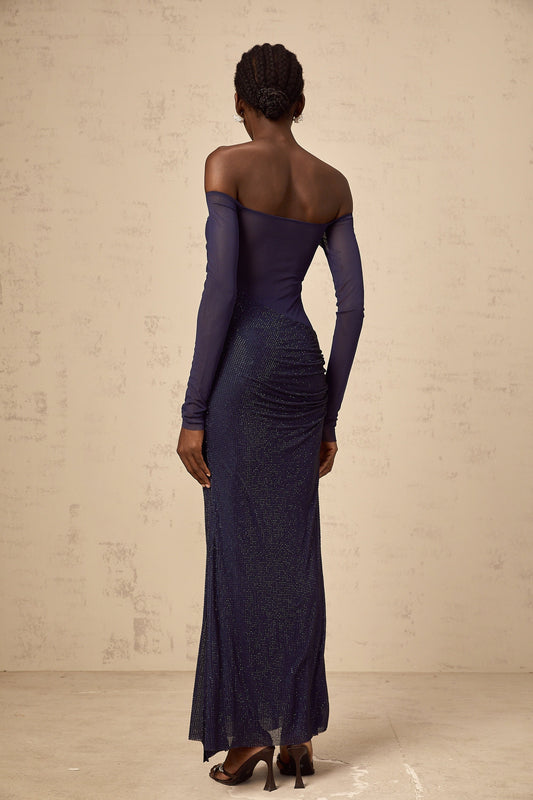 Hermine dark-blue embellished tulle-panel corset maxi dress