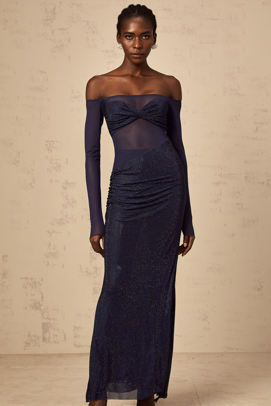 Hermine dark-blue embellished tulle-panel corset maxi dress