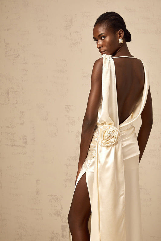 Théoline white flower backless satin midi dress