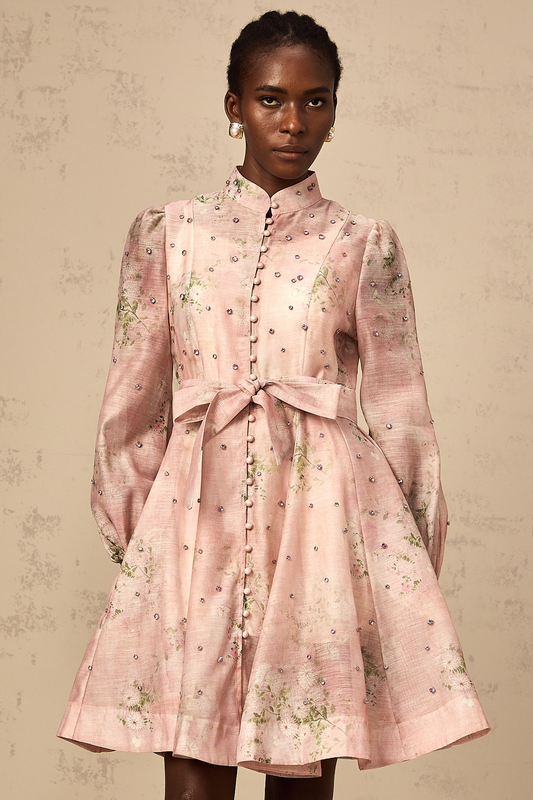 Narcisse pink embellished floral-print mini dress