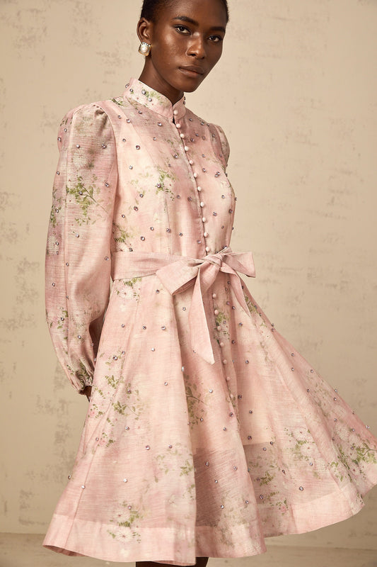 Narcisse pink embellished floral-print mini dress