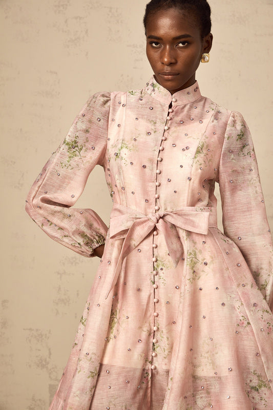 Narcisse pink embellished floral-print mini dress