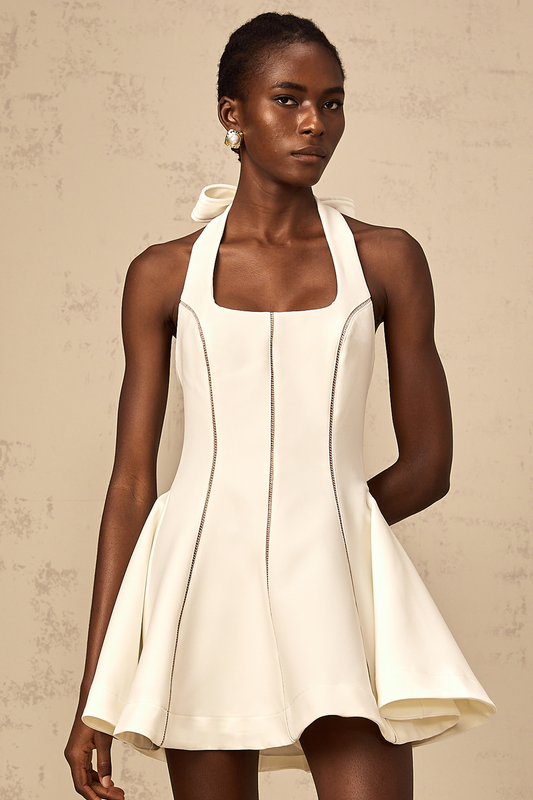 Quirine halterneck bow-detail mini dress in White