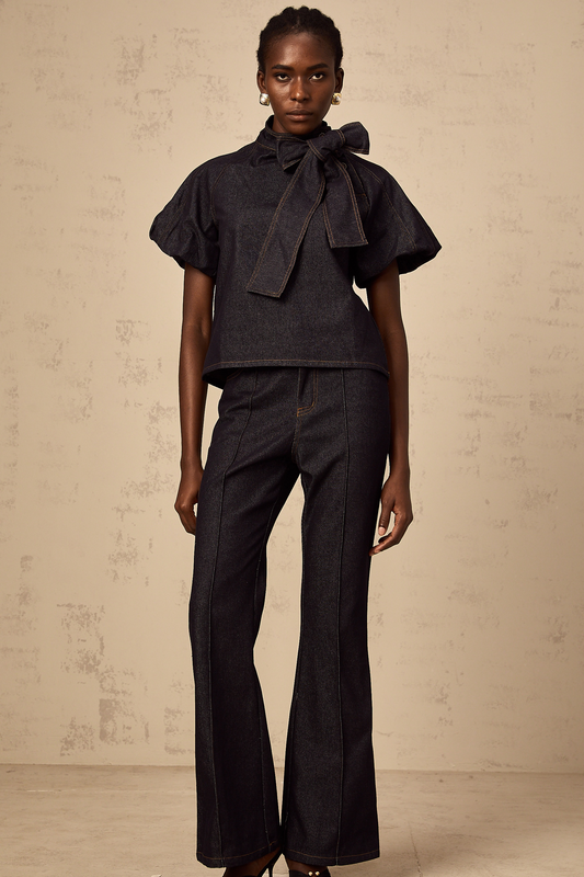 Roxane indigo-blue contrast-stitching denim blouse & jeans matching set