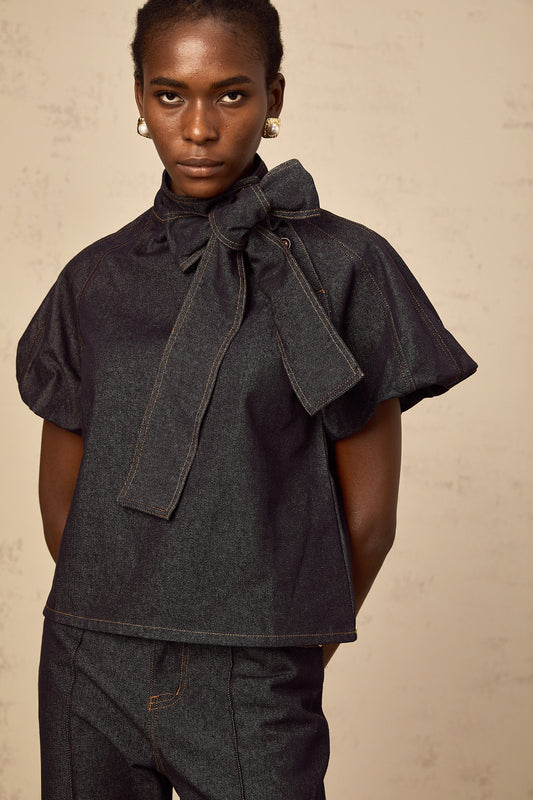 Roxane indigo-blue contrast-stitching denim blouse & jeans matching set