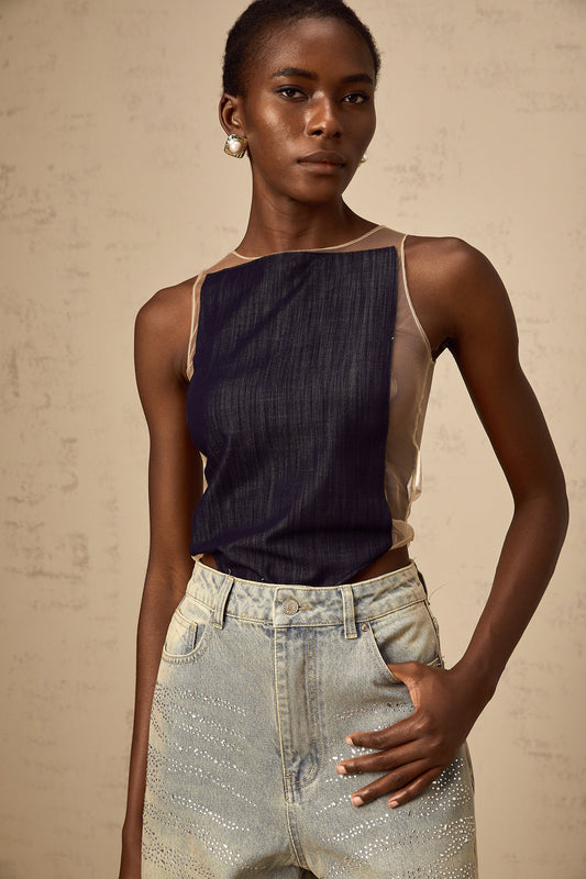 Sandrine blue denim semi-sheer bodysuit