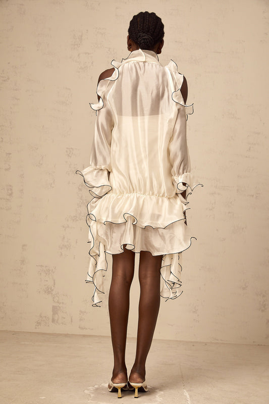 Tiphaine white ribbon-detail flounce mini dress