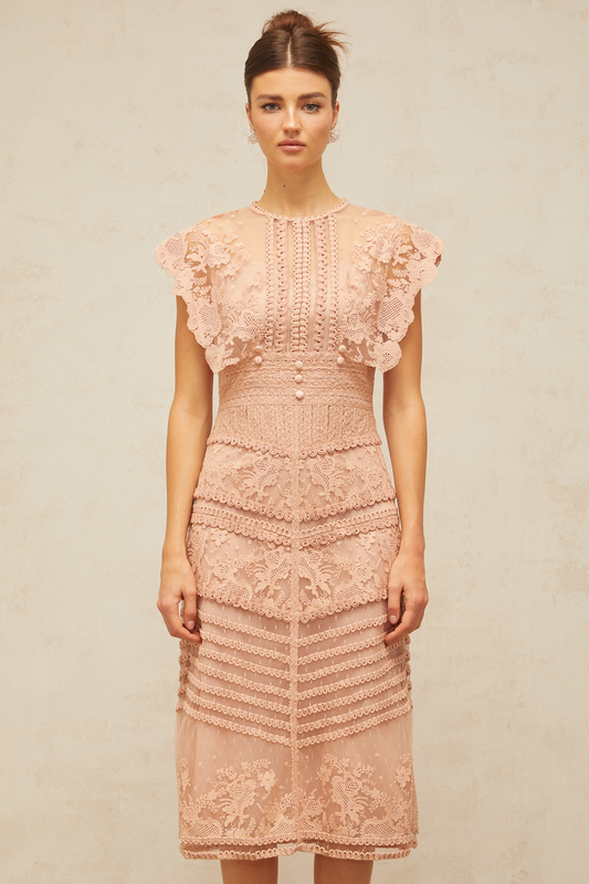 Fleur floral-embroidered lace midi dress in Pink
