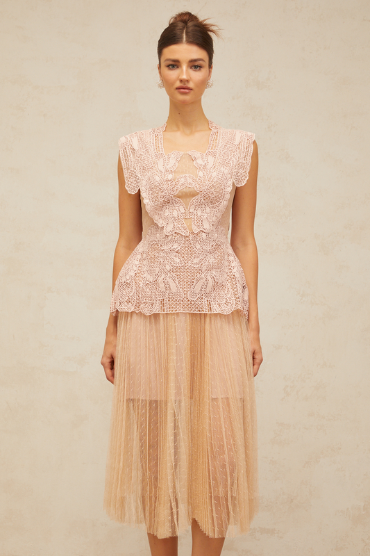 Céleste floral-lace-panelling tulle midi dress in Pink