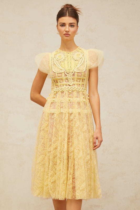 Véronique yellow embroidered-lace pleated midi dress