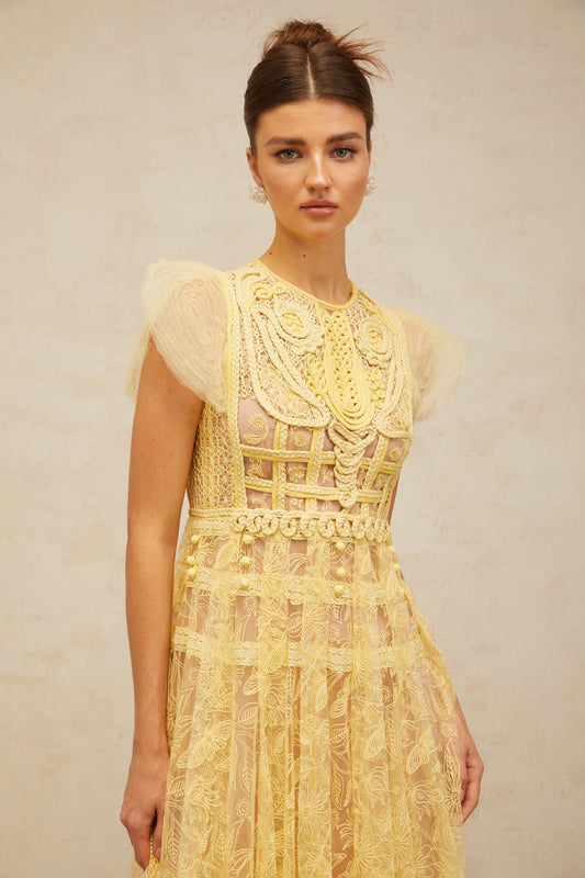 Véronique yellow embroidered-lace pleated midi dress