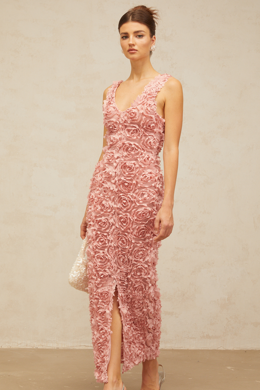 Sylvie faux-flower V-neck maxi dress in Pink