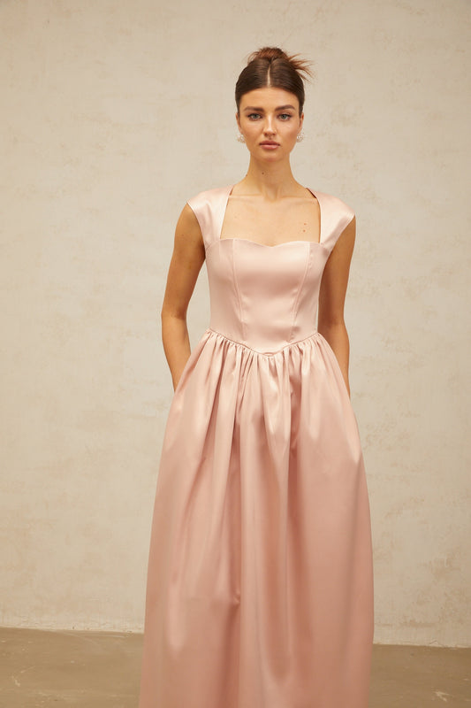 Madeleine pink A-line satin midi dress