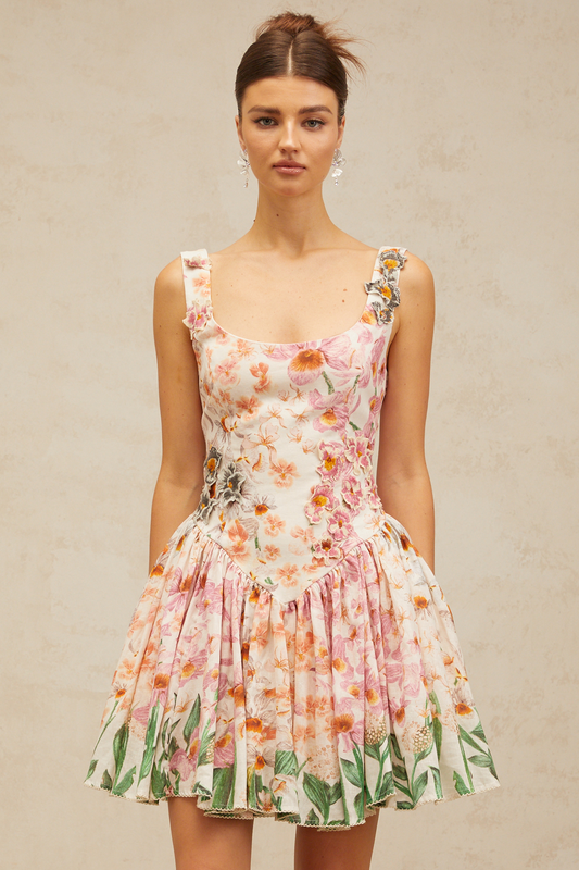 Michèle pink floral-print pleated mini dress