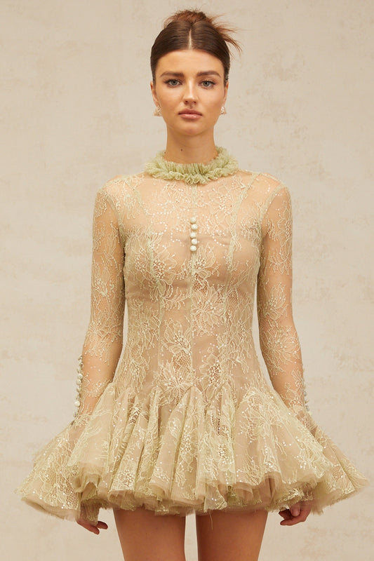 Mélodie green embroidered flared mini dress