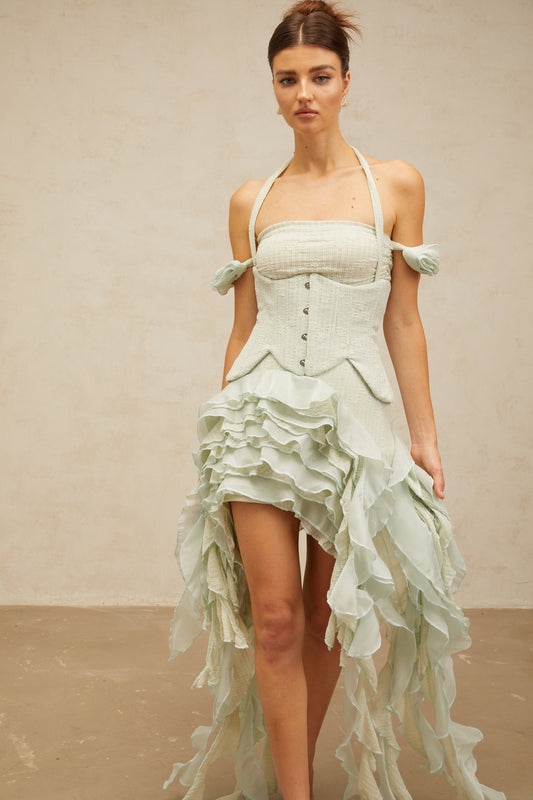 Patricia green floral-appliqué asymmetrical ruffled mini dress