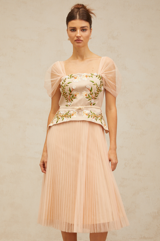 Anaëlle pink-beige flower-embroidered tulle midi dress (US Only)