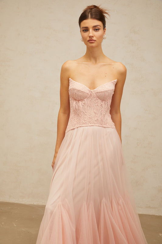 Ulrique pink lace corset tulle maxi dress