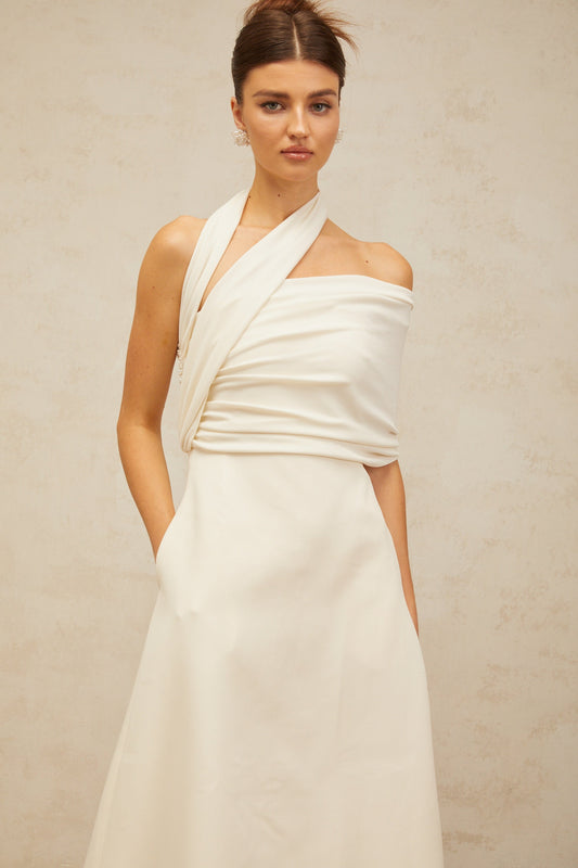 Solène cream-white asymmetrical midi dress