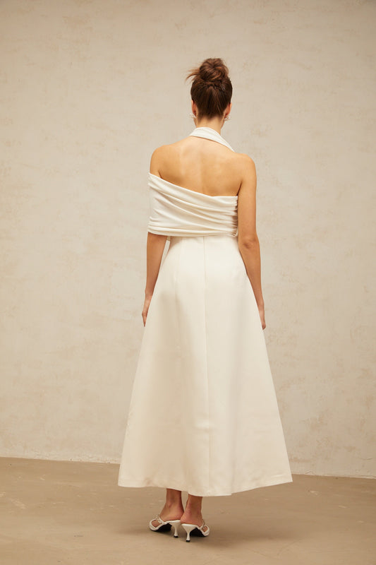 Solène cream-white asymmetrical midi dress