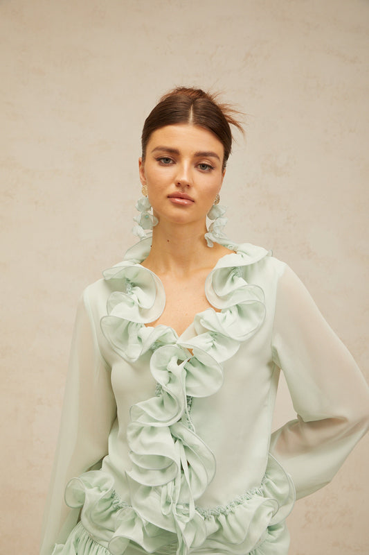 Noémie green flounced chiffon blouse & skirt matching set